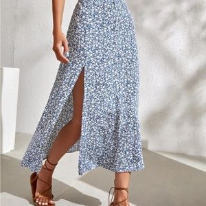 Blue Floral Midi Skirt with Slit